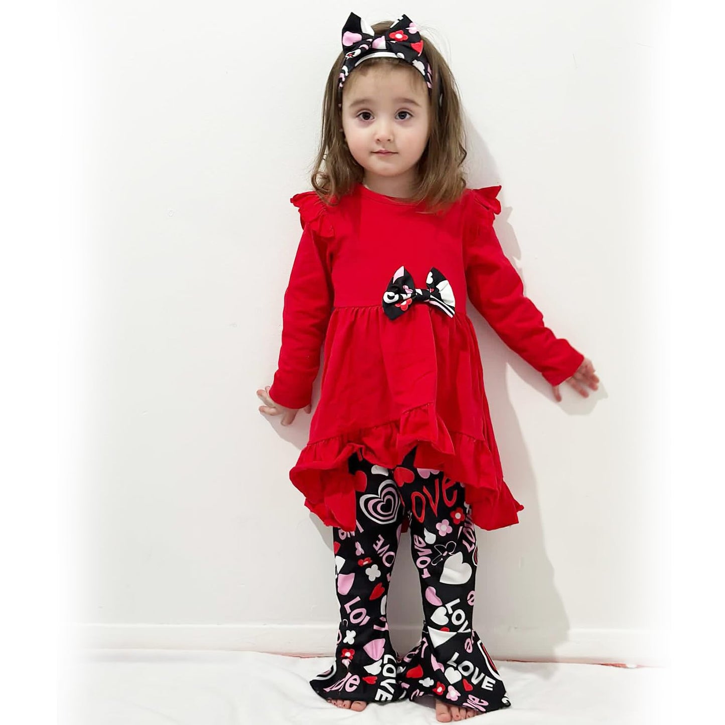 Hintina 5T Girl Valentine'S Day Outfits Toddler Ruffle Long Sleeve Tunic Red Heart Bell Bottom Flared Pants Winter Spring Clothe