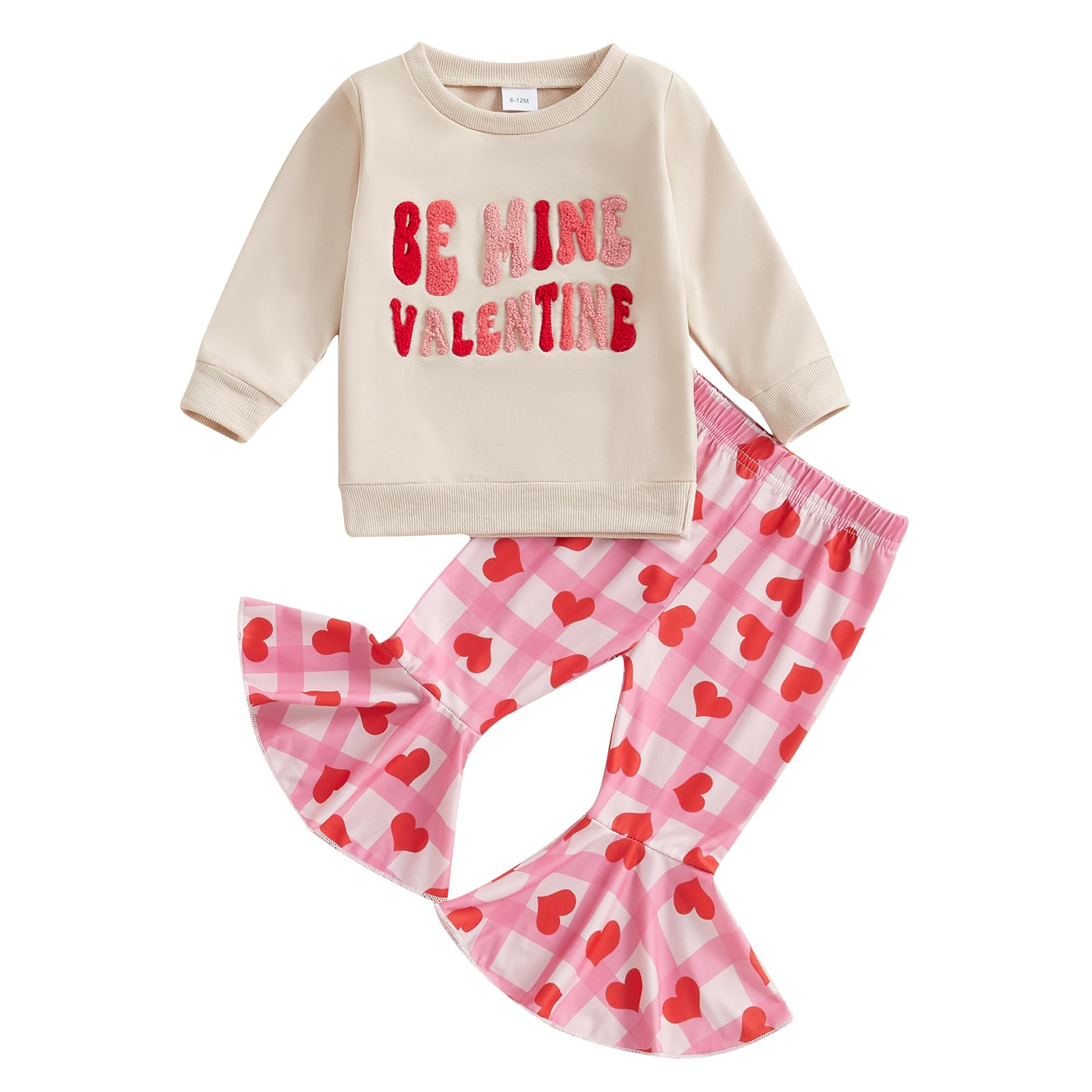 Iddolaka Toddler Baby Girls Valentines Day Outfits Long Sleeve Letter Sweatshirt Shirt Heart Flared Pants Spring Clothes (J-Apri
