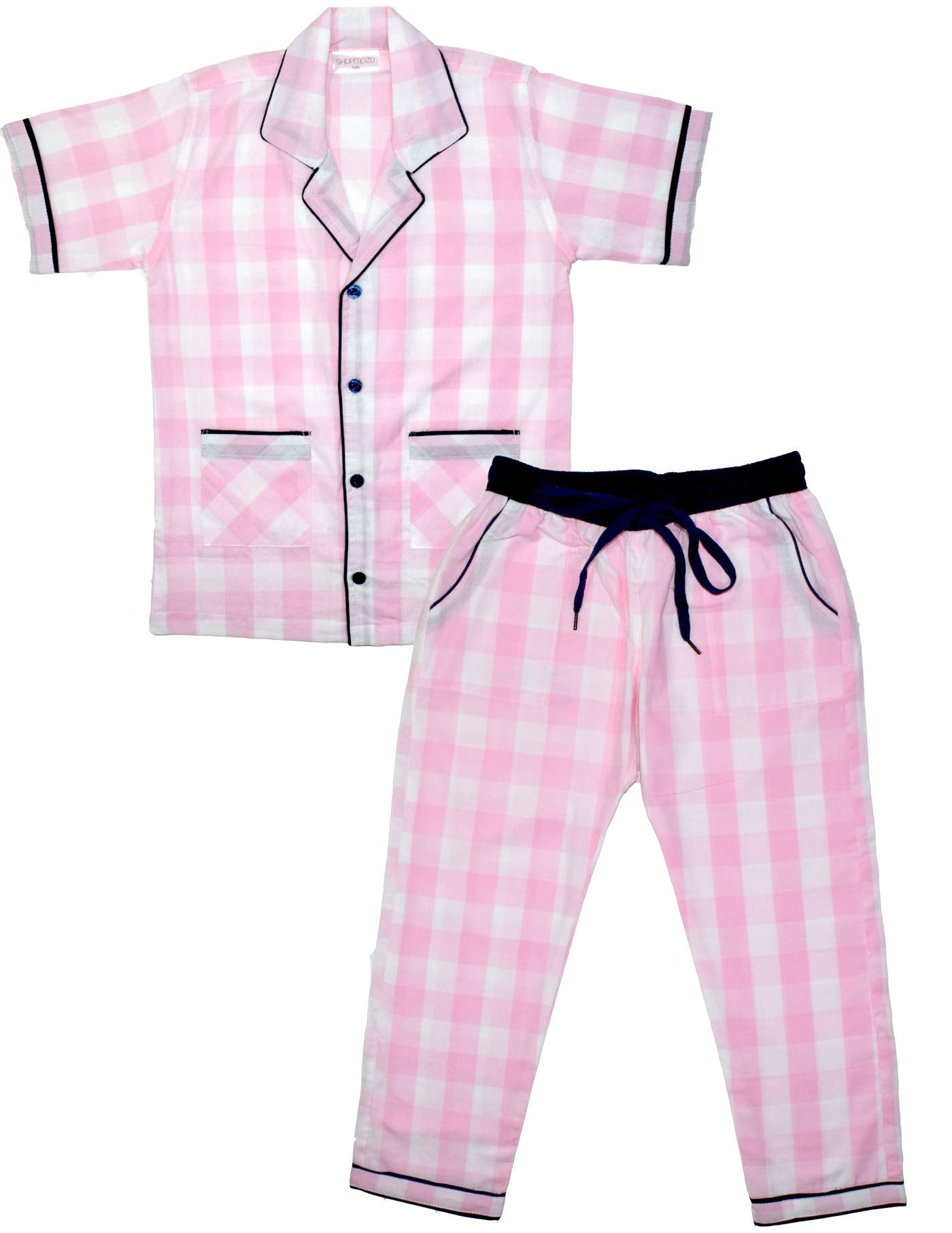 SHOPmOZO Unisex Pure Cotton Checkered Short Sleeve Night Suit for Boys and Girls Pyjama Top Sleep Suit Combo Set (SM00507UNISEX
