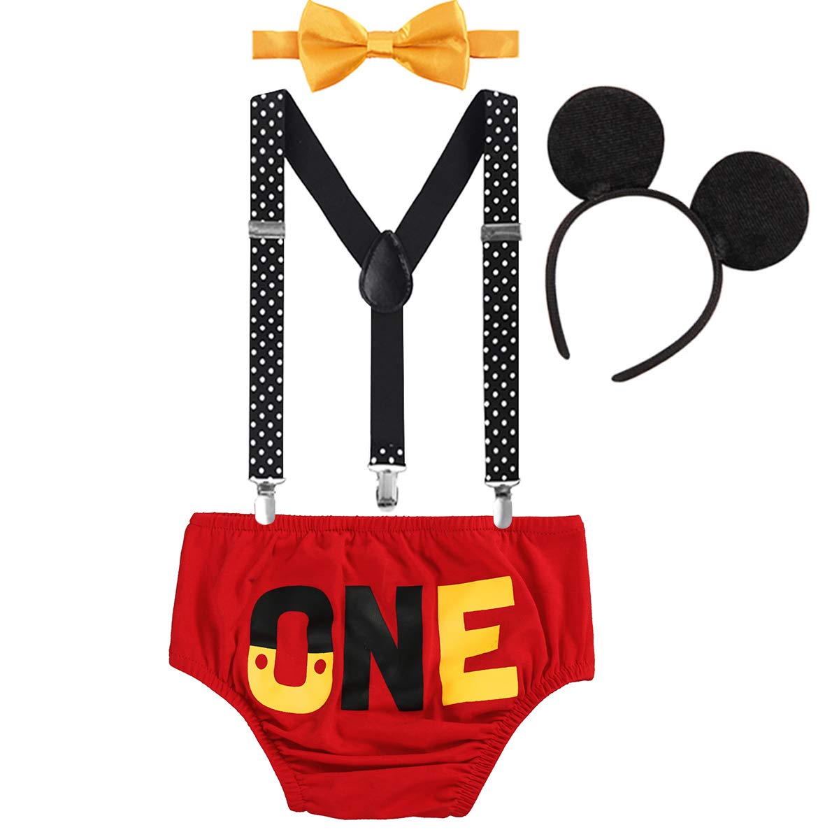Fymnsi Baby Boys 1St Birthday Cake Smash Costume Photo Props 4Pcs Outfits Suspender Bloomers Bowtie Headband Red 6-12 Months