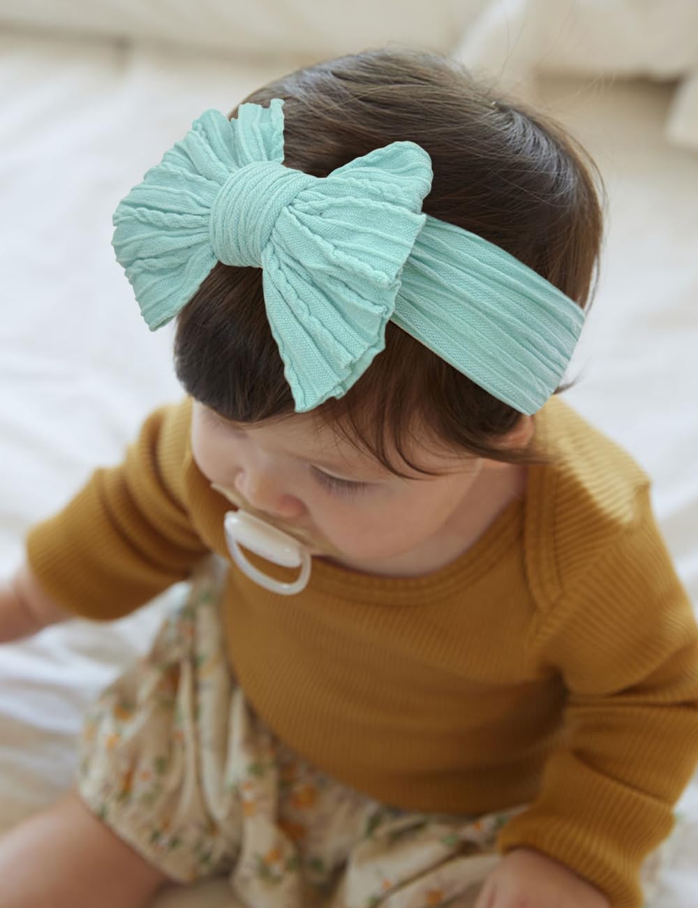 Zurlefy Stretchy Headbands With Bows For Newborn, Infant And Toddler Girls, Beige Unisex Head Wraps (6 Pack, 03H-09)
