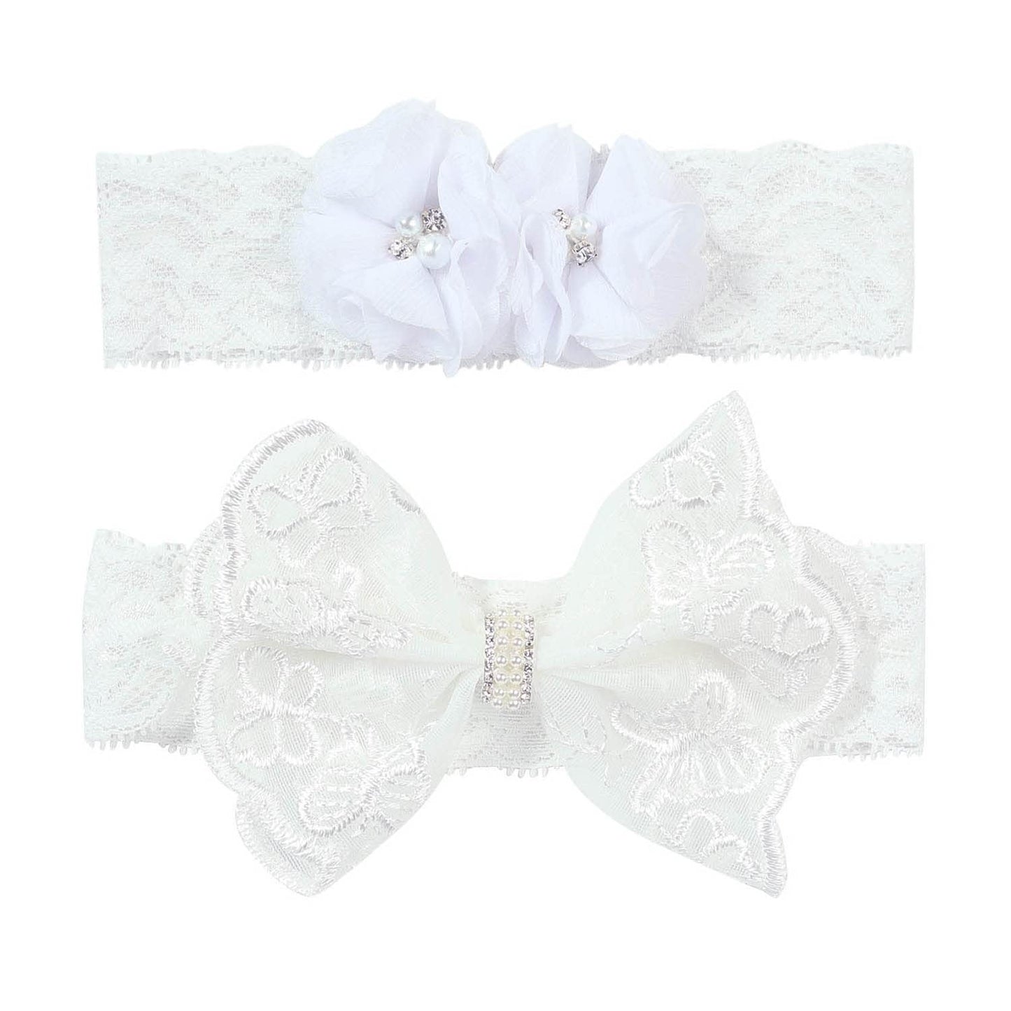 Baby Girls Lace Headband With Double Chiffon Flowers Pearl Hairband Headwrap Ja68 (21-White)