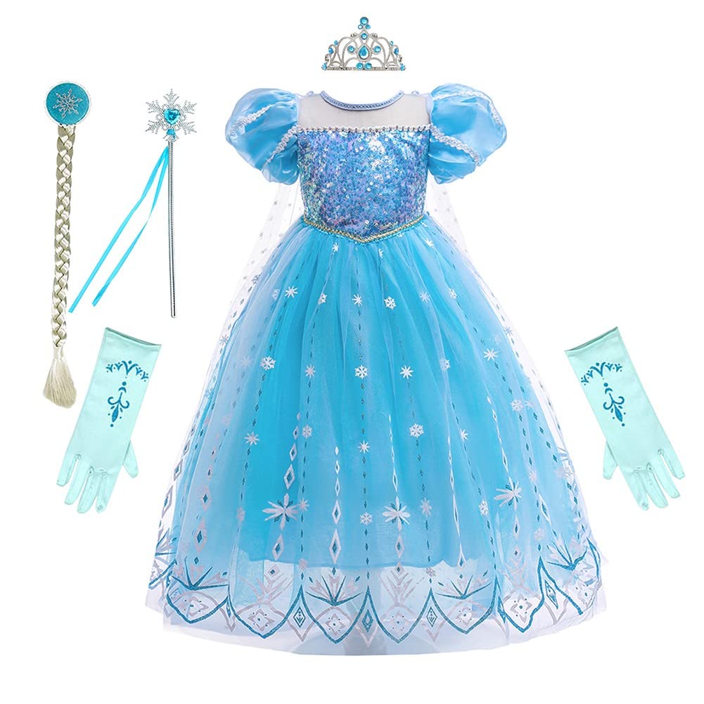 Rexreii Girls Frozen Elsa Princess Dress Halloween Costume Christmas Birthday Evening Party Ball Gown W/Accessories Blue 3-4T