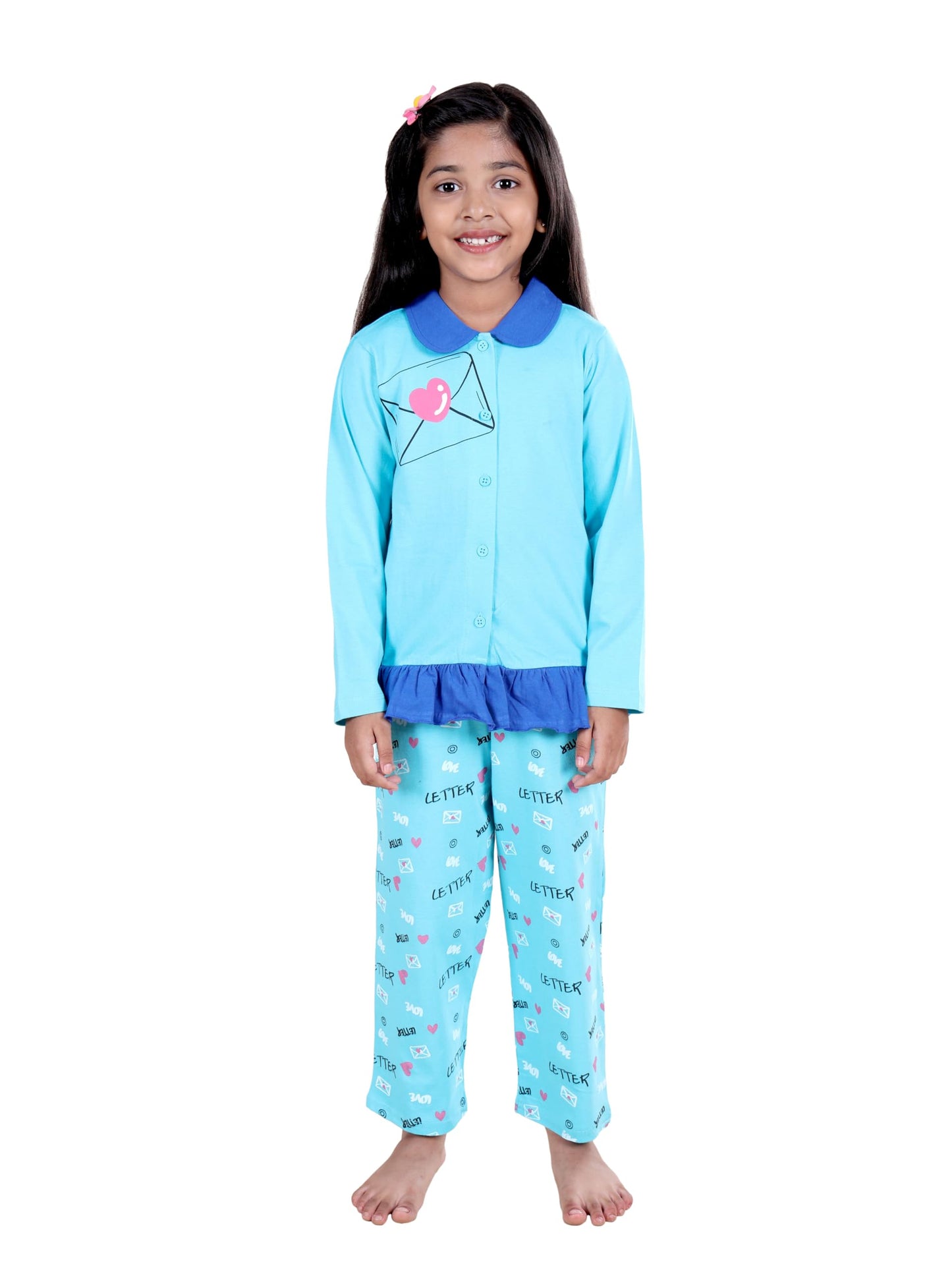 KiddoPanti Girls Letter Print Collar Shirt and AOP Pant Set, Aqua Blue  1214Y