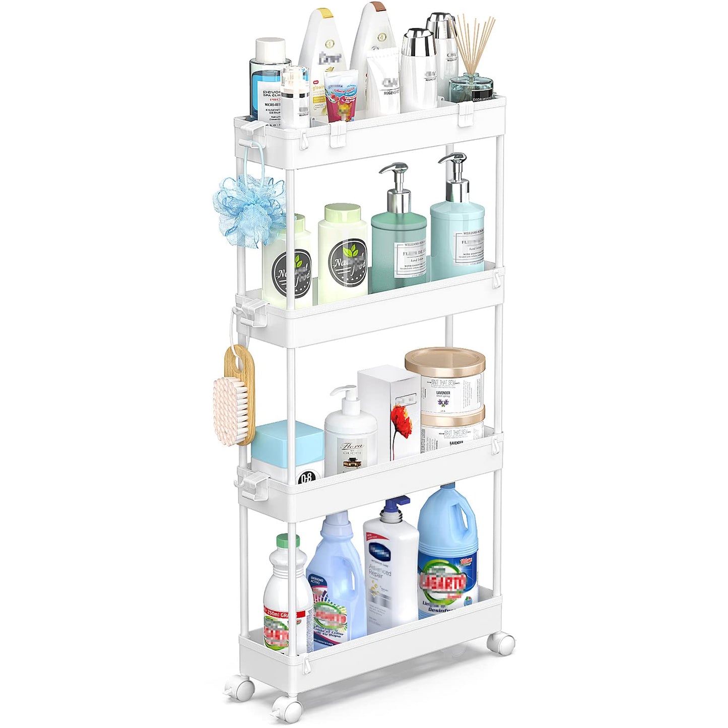 Spacelead Slim Storage Cart 4 Tier,Bathroom Storage Organizer Rolling Utility Cart, Mobile Shelving Unit Slide Out Storage Cart