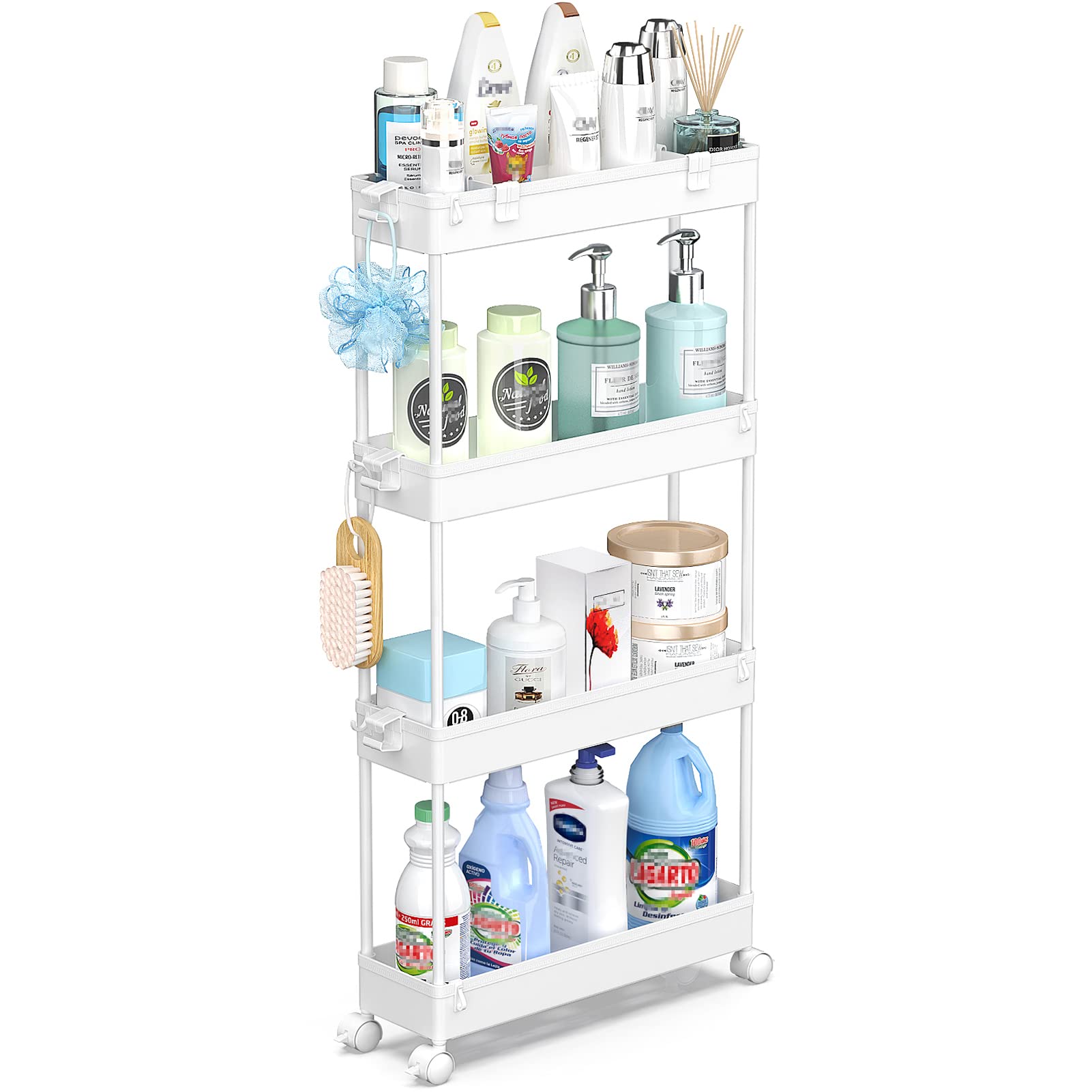 Spacelead Slim Storage Cart 4 Tier,Bathroom Storage Organizer Rolling Utility Cart, Mobile Shelving Unit Slide Out Storage Cart