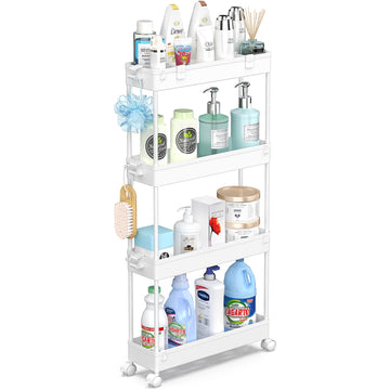 Spacelead Slim Storage Cart 4 Tier,Bathroom Storage Organizer Rolling Utility Cart, Mobile Shelving Unit Slide Out Storage Cart