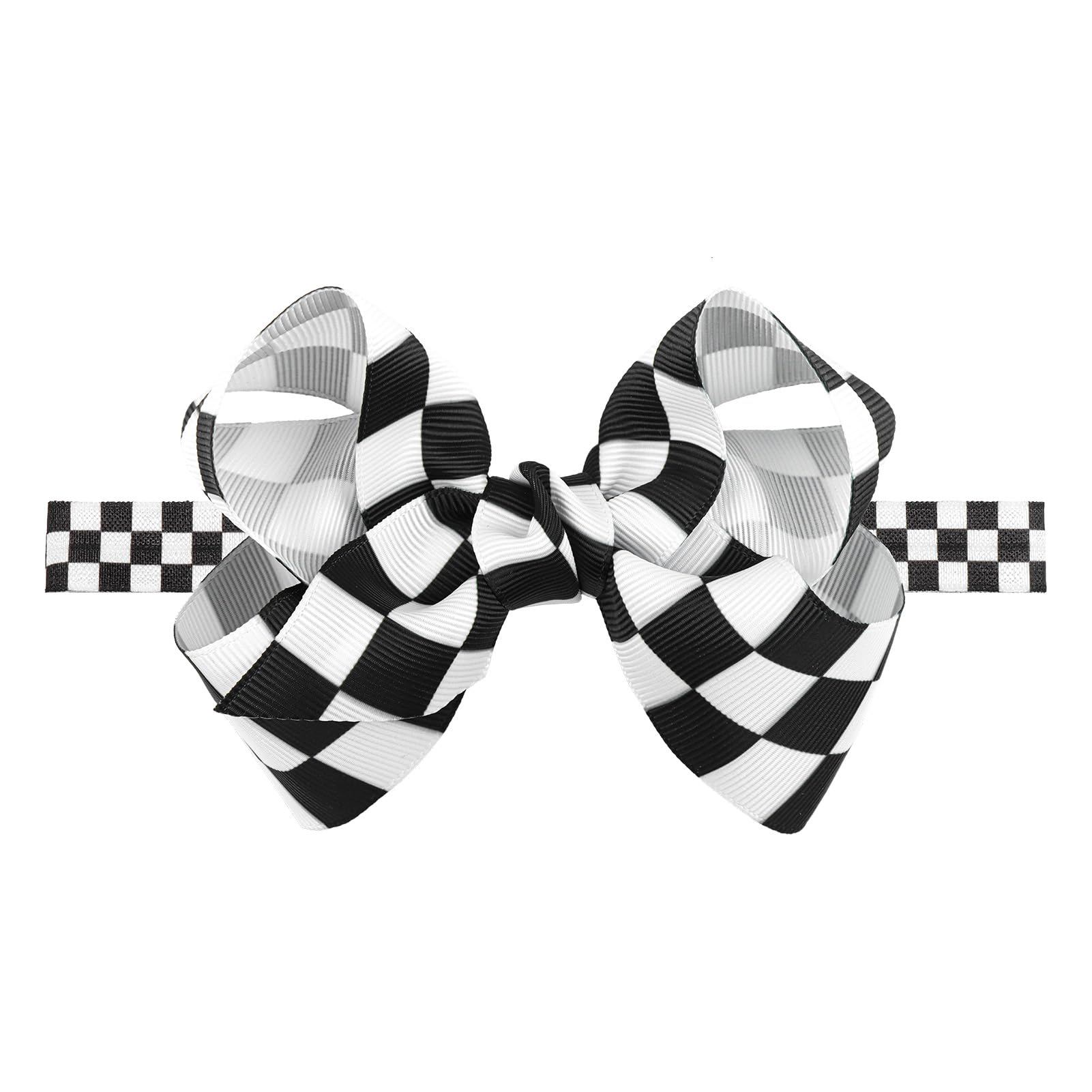 Yanjie 5' Checkered Hair Bow Black And White Bow Racing Checkered Flag Hair Bow Elastic Plaid Bow Headband Hair Accessories For