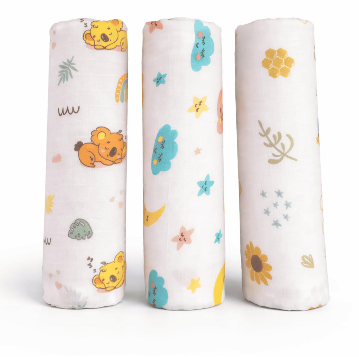 Yobrina Muslin Swaddle Blanket for Newborns, Soft Cotton, 95x95 cm, Multipurpose Wrap, Unisex Prints, 3 Pack, 024 Months (kolas