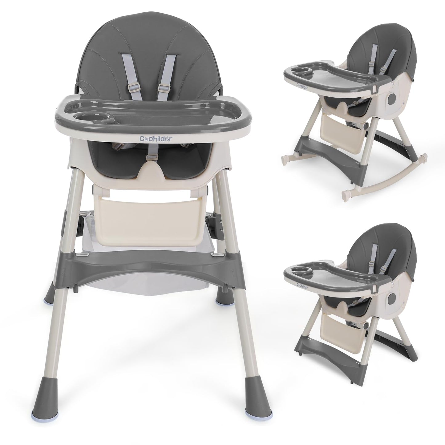 Cochildor Foldable High Chair for Baby and Toddler, Convertible High Chair with 5 Point Harness, Tray, Foot Rest and Wheels, Pin