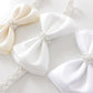 0-12 Newborn Baby Baptism Pearl Headband With Bow In White Christening Headband With Satin Bow, Pearl Rhinestone Band (Cream(6-1