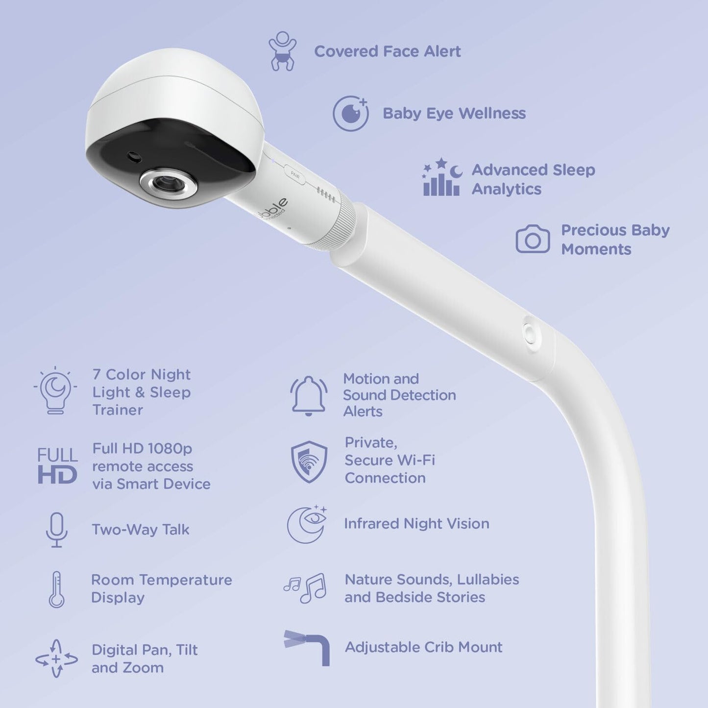 Hubble Connected Skyvision Ai-Enhanced Smart Camera Baby Monitor With Secure Connection, Crib Mount, Remote Pan Tilt Zoom, 2-Way
