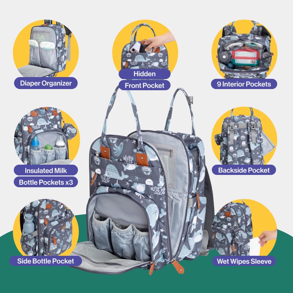 Babbleroo Baby Diaper Bag - Laptop Backpack, Sea Animals, Unisex, 12'X8'X16.5', 26L