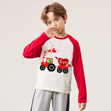 Ddsol Toddler Little Boy Valentine Day T-Shirt Baby Kid Red White Dinosaur Love Heart Monster Truck Shirt Raglan Long Sleeve Cot