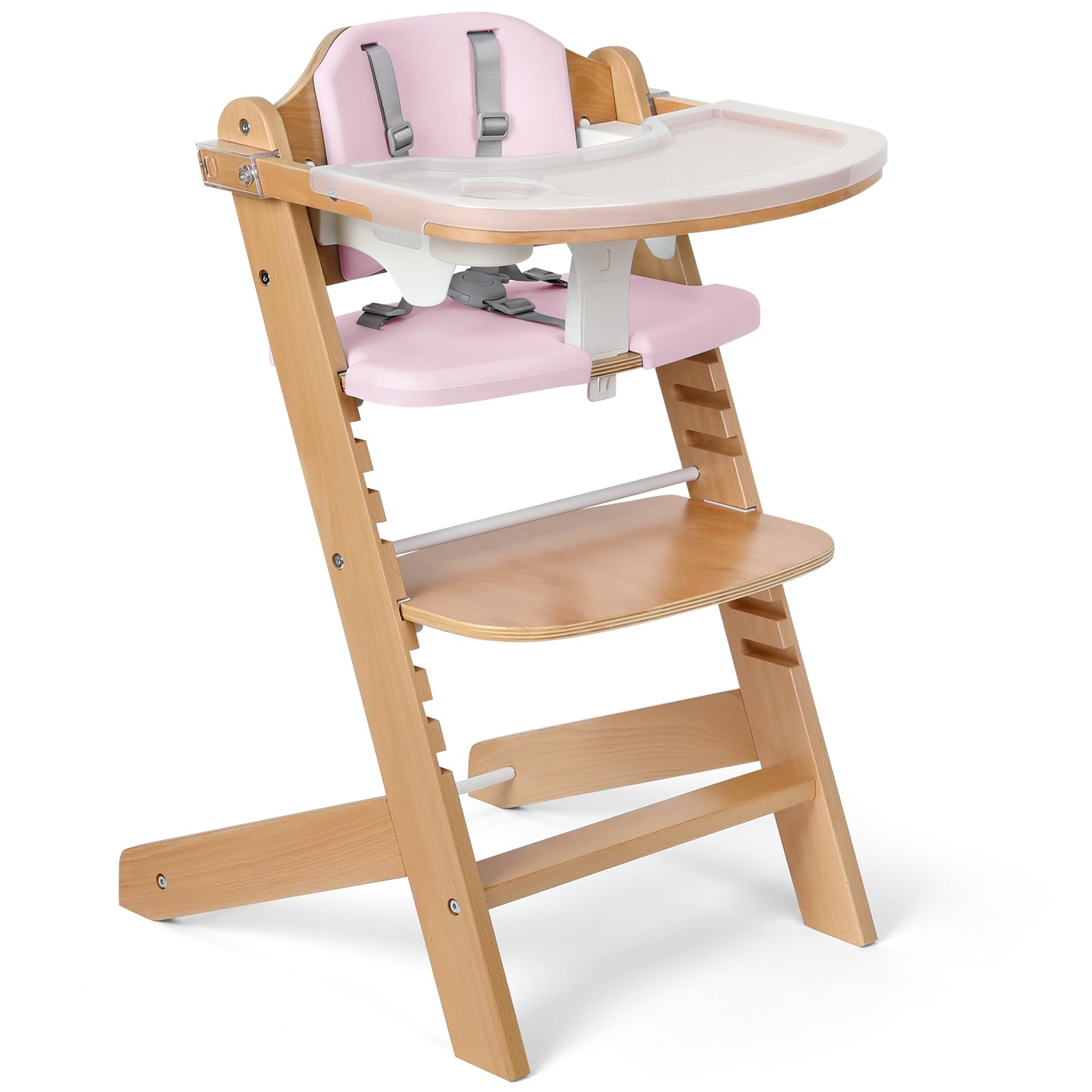 Cowiewie Natural Wooden High Chair for Babies & Toddlers 3-Tier Remove Adjustable Tray and Highchair with Cushions, Easy to Clea