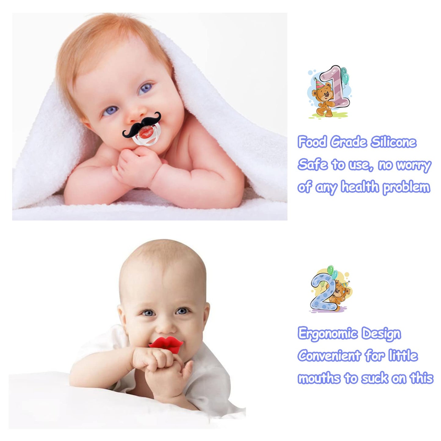 Robbear 4-Pack Funny Baby Pacifier, Cute Lips Mustache For Babies 0-12 Months, Orthodontic Silicone Nipple, Silicone Binkies, Bp