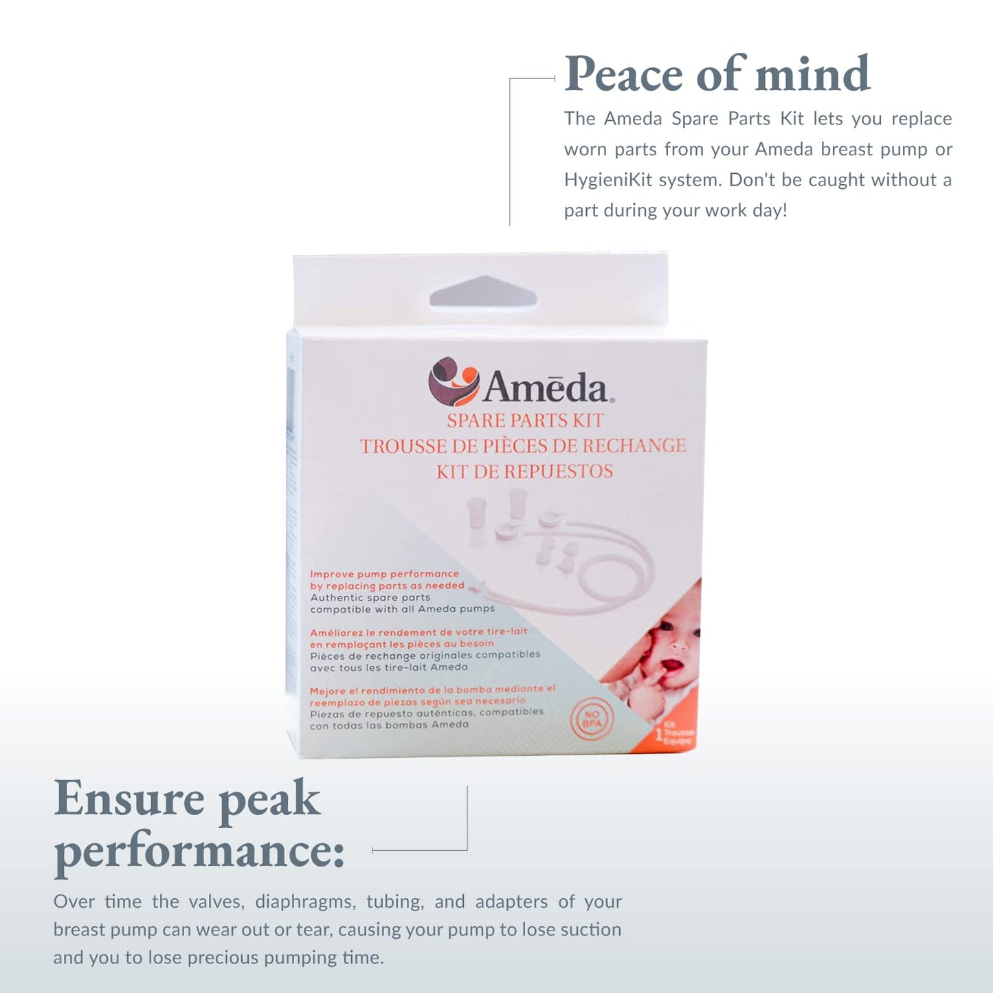 Ameda Hygienikit Spare Parts Kit For Breast Pump | 4 Valves, 2 Silicone Tubing, 2 Silicone Diaphragms, 2 Adapter Caps, 1 Tubing