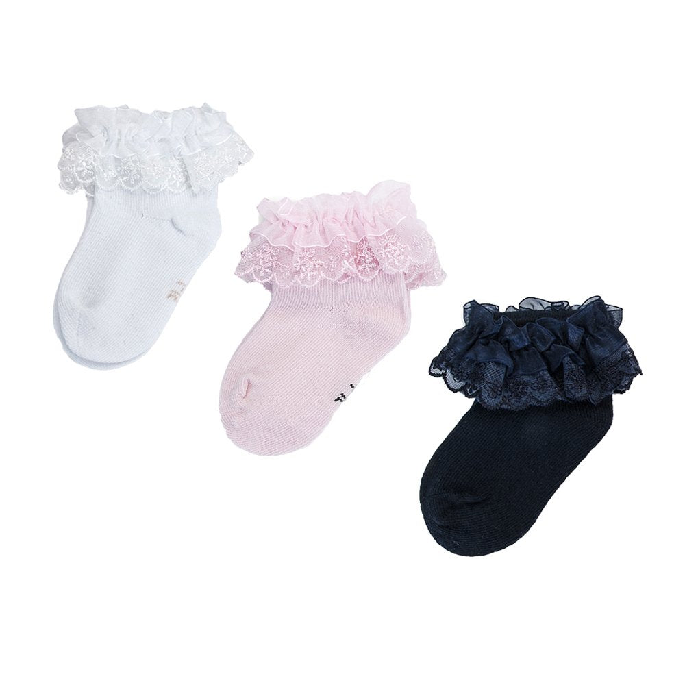 Estamico Baby Girls Frilly Lace Ruffle Socks 3 Pack, 6-12 Months