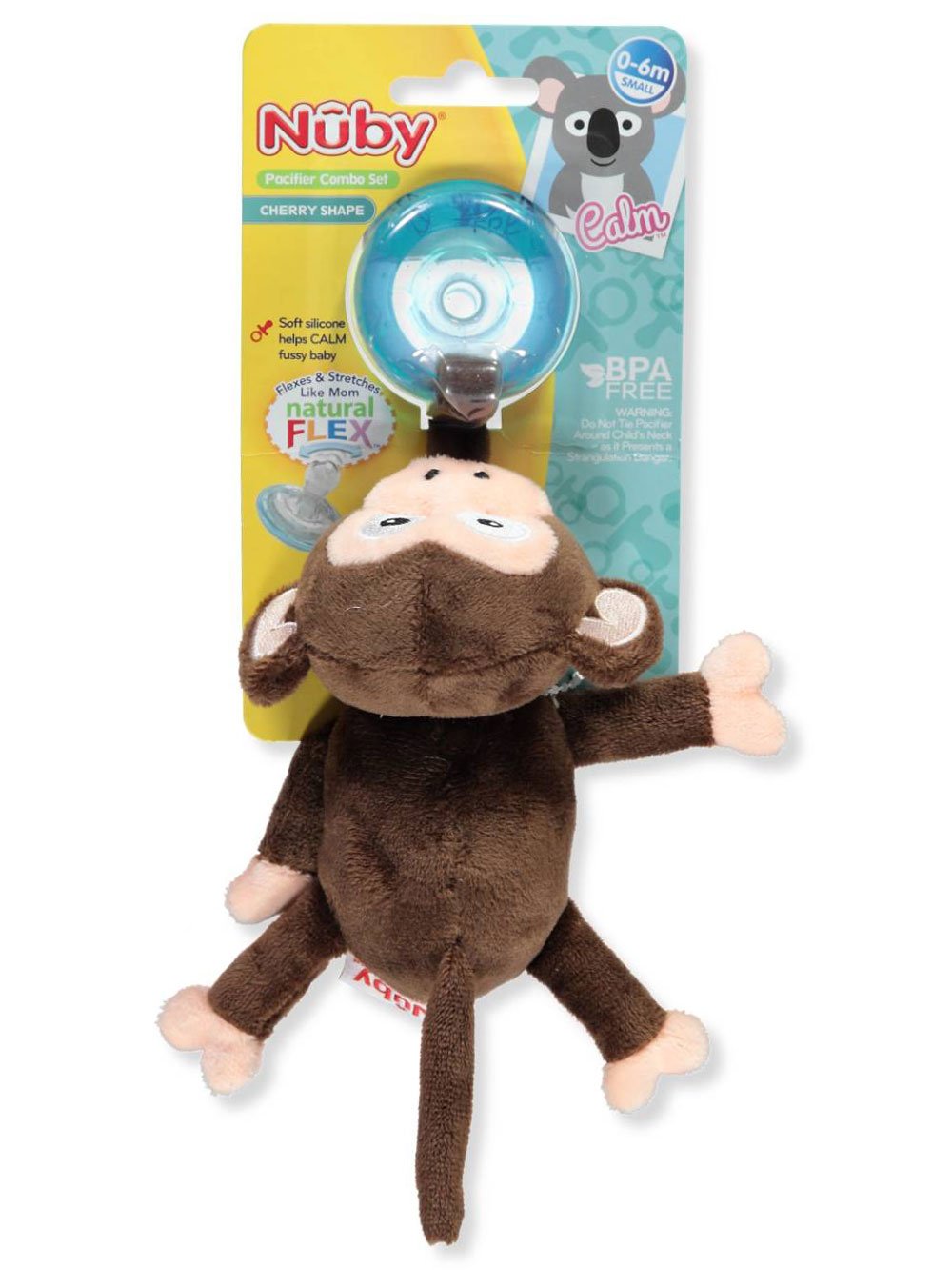 Nuby Natural Flex Cherry Pacifier with Snoozie Combo Set, Monkey, 0-6 Months