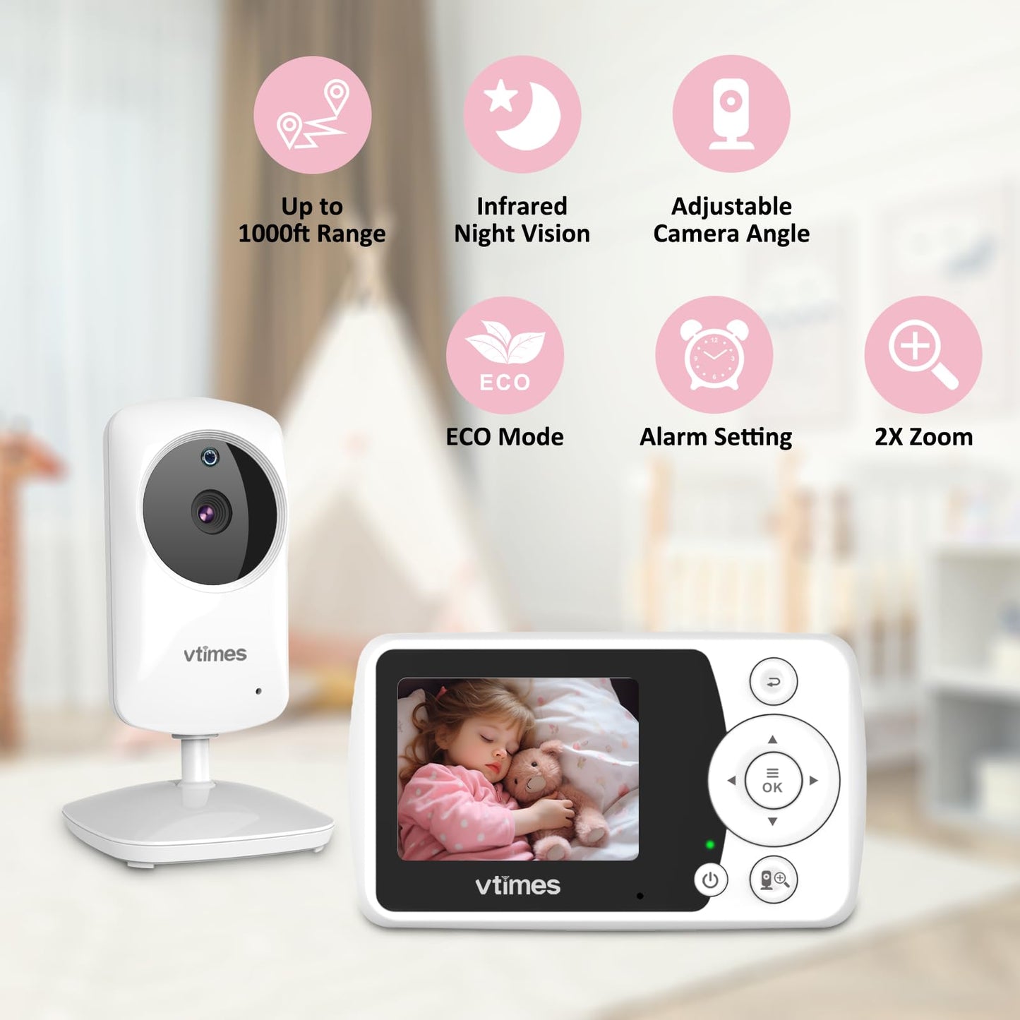 Vtimes Baby Monitor With Camera And Audio, Video Baby Monitor No Wifi Night Vision, 2.4' Lcd Screen Portable Baby Camera Vox Te