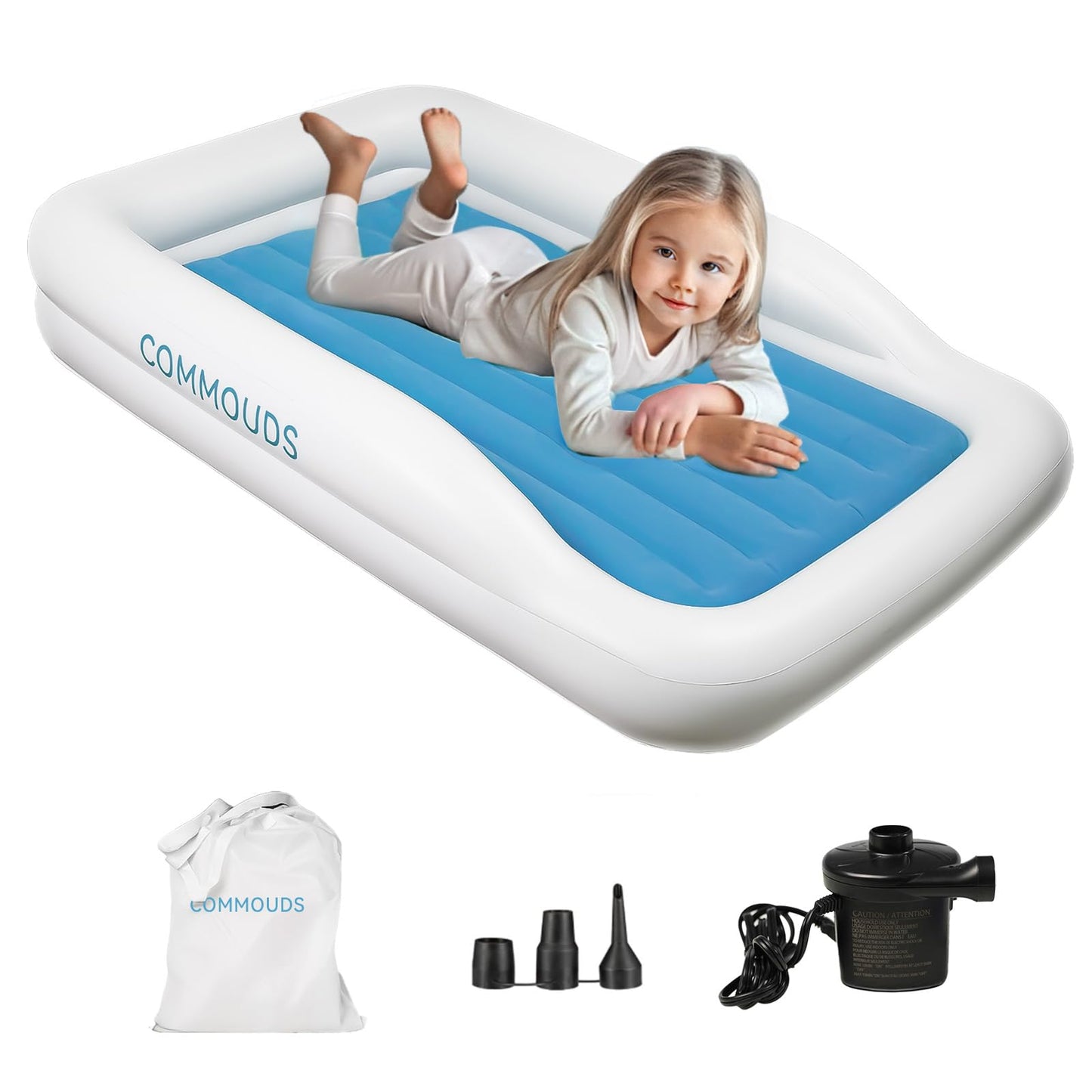 COMMOUDS Portable Toddler Travel Bed with Safety Bumpers, Inflatable Kids Air Mattress with Electric Pump, Baby Blow up Mattress
