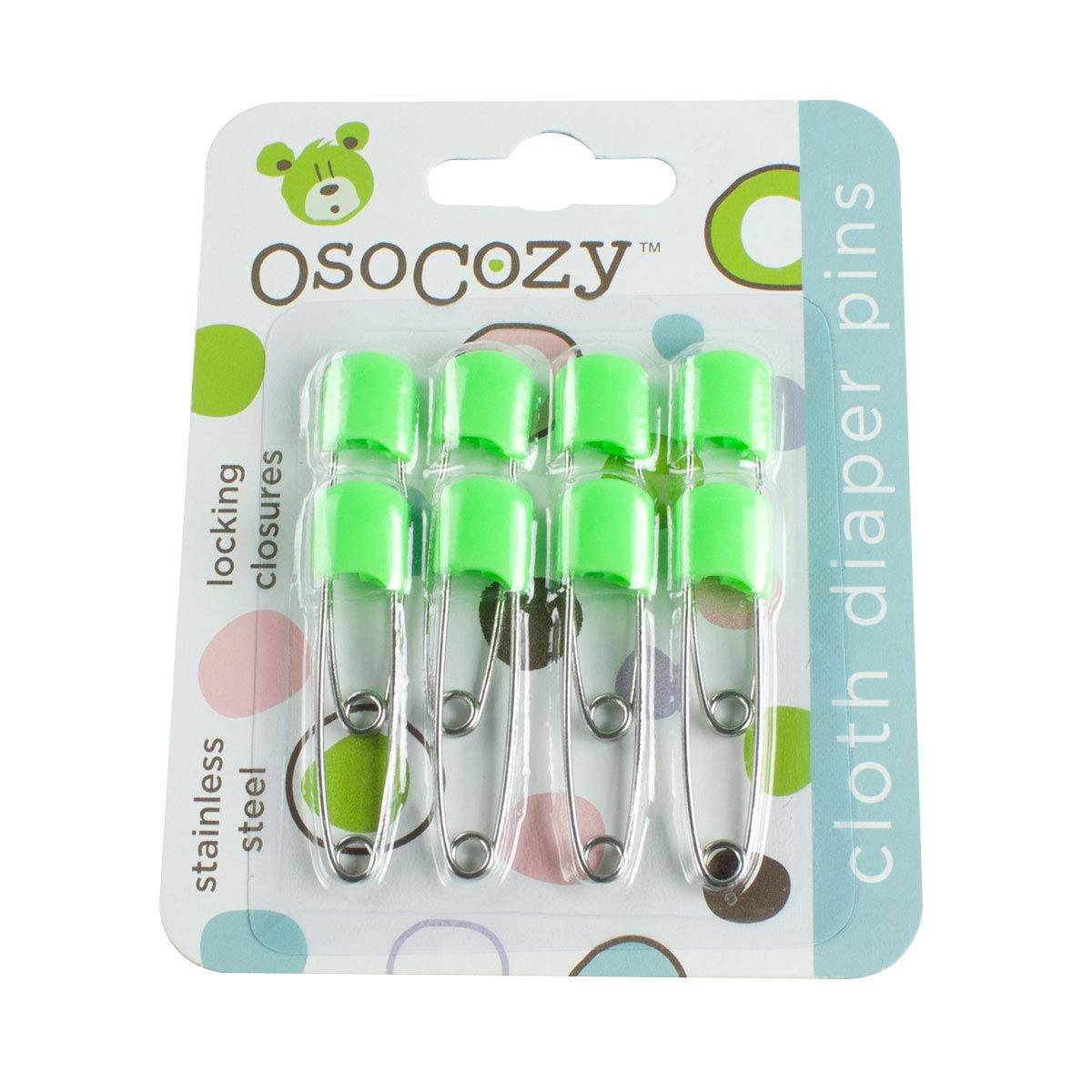 OsoCozy Diaper Pins - (Light Green) - Sturdy, Stainless Steel Diaper Pins with Safe Locking Closures - Use for Special Events, C