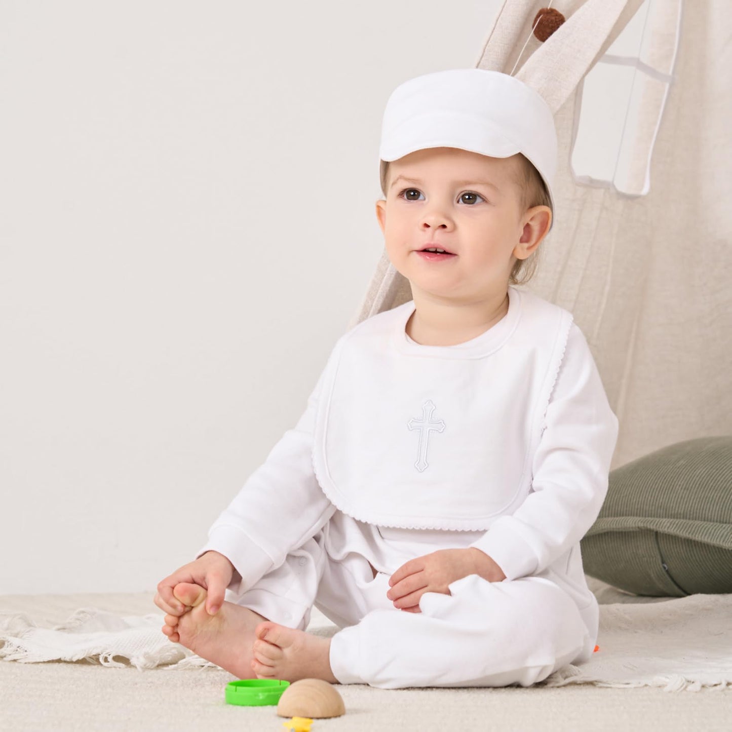 Pureborn Baby Boys Baptism Outfits Long Sleeve Christening Romper Organic Cotton Jumpsuit With Bonnet And Bib 3 Pcs White 3-6 Mo