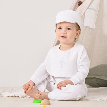 Pureborn Baby Boys Baptism Outfits Long Sleeve Christening Romper Organic Cotton Jumpsuit With Bonnet And Bib 3 Pcs White 3-6 Mo