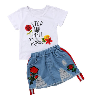 Toddler Baby Girls Smell The Rose T Shirttops + Denim Skirts Clothing Outfit Set (5-6Years, White)