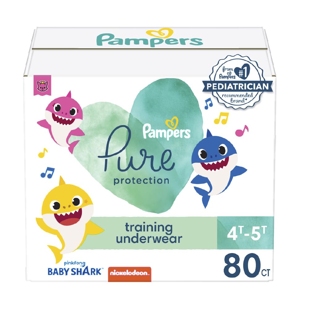 Pampers Training Pants - Pure Protection - Size 4T-5T, 80 Count, Baby Shark Premium Hypoallergenic Potty Underwear