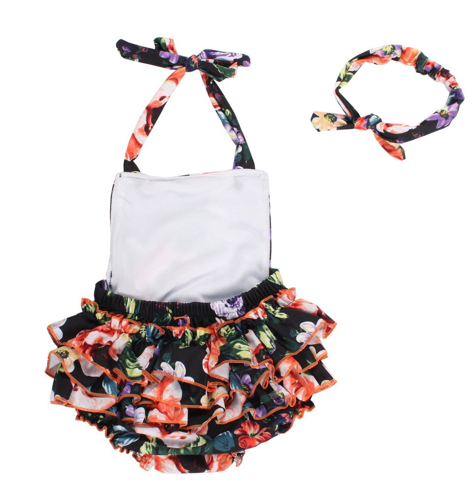 Camellia Floral Ruffles Rompers With Headband Summer Swimwear (Small,Orange)