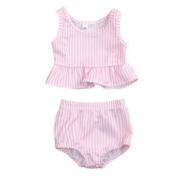 Younger Tree Toddler Baby Girls Summer Swimsuit Sleeveless Striped Swimwear Two-Piece Suit Beach Bikini (Pink, 3-4T)