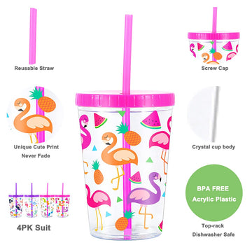 Home Tune 16Oz Kids Tumbler Water Drinking Cup 4 Pack - Bpa Free, Straw Lid Cup, Reusable, Lightweight, Spill-Proof, Cute Design