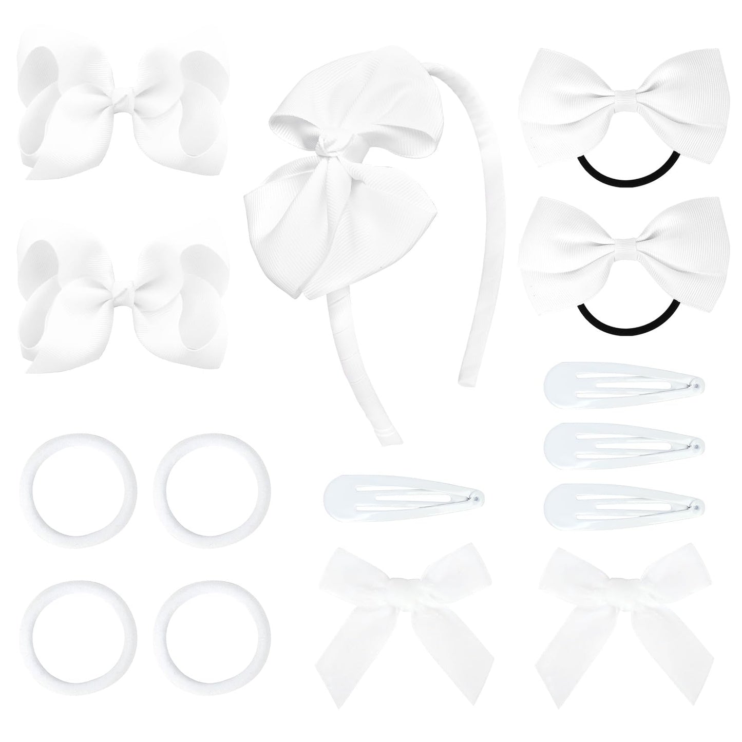 Deeka White Hair Accessories Set - 15 Pieces Uniform Bows, Clips, Headband, And Ties For Little Toddler Girls