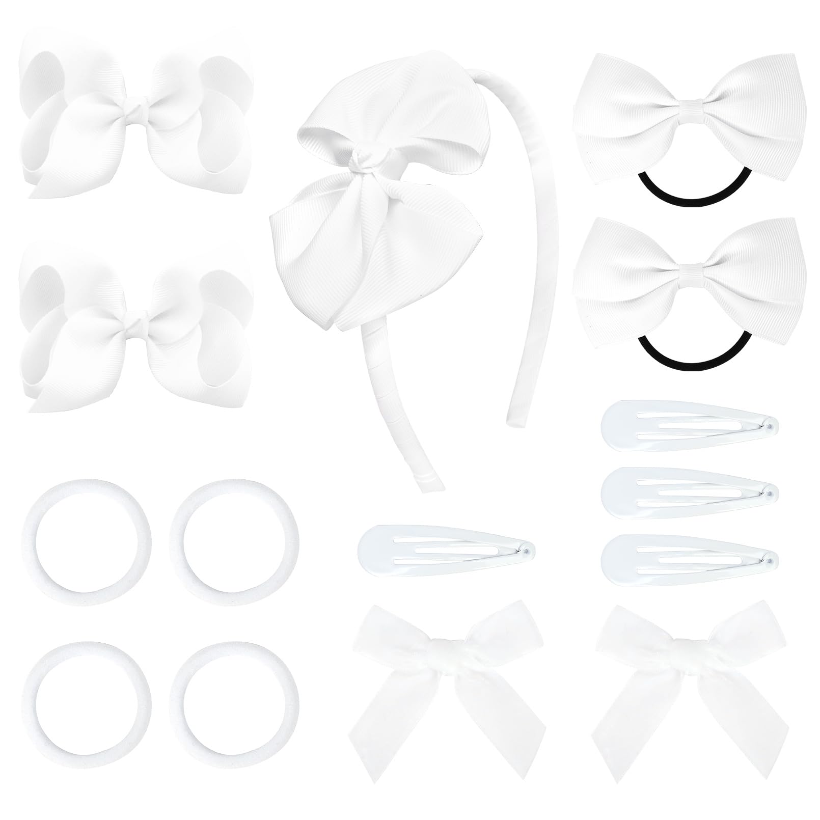 Deeka White Hair Accessories Set - 15 Pieces Uniform Bows, Clips, Headband, And Ties For Little Toddler Girls
