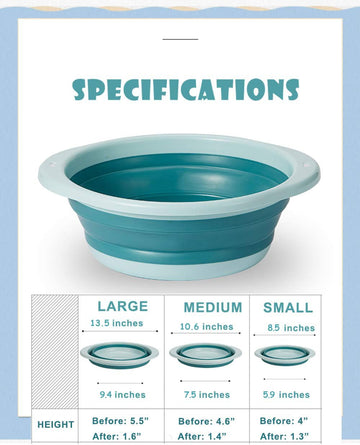 Orizzp 3-Pack Collapsible Wash Basin Set, Baby Kids Wash Basin Dish Tub For Travel Home, 3 Different Sizes Set Space Saving Blue