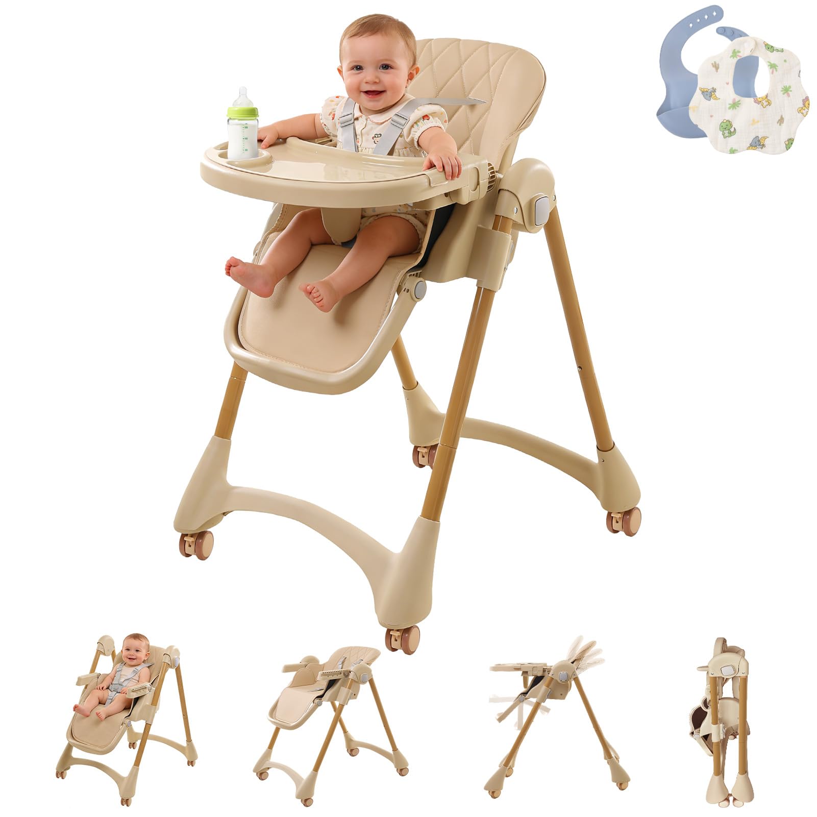 High Chairs for Babies and Toddlers, Foldable Baby High Chair with Wheels for Eating, 6 in 1 High Chair with Removable Tray, Adj