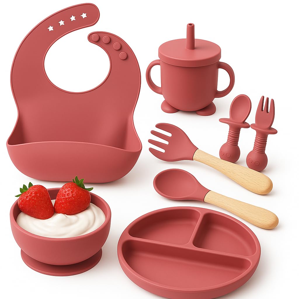 Tovixy Silicone Suction Plates Solid For Baby&Toddler|Large Crumb Pouch|Suction Bowl,Cup,Fork,And Spoon Cutlery Set|Easy Wipe Cl