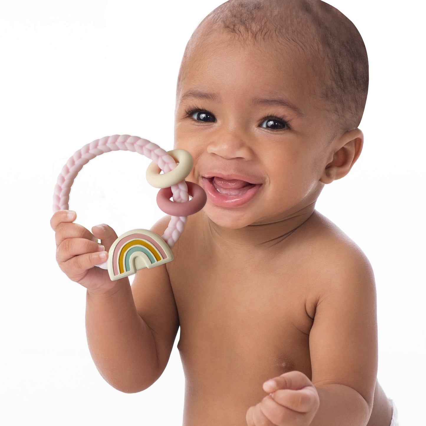 Itzy Ritzy Silicone Teether with Rattle; Rattle Teether Features Rattle Sound, Two Silicone Teething Rings and Raised Texture to