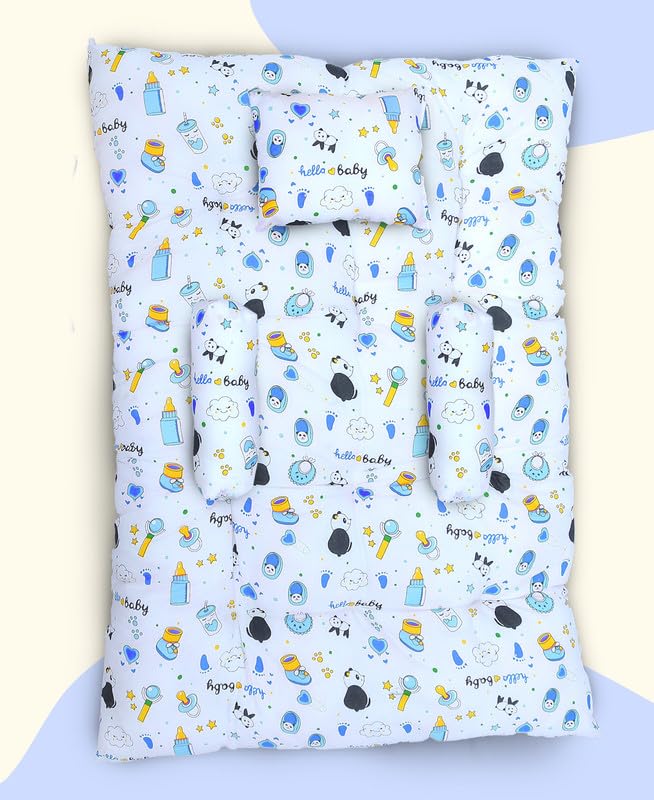Infans Mini Baby Sleeping Mattress Set Cotton With Bolsters & Pillow, For 012 Month NewbornsUnisex (Panda Blue)