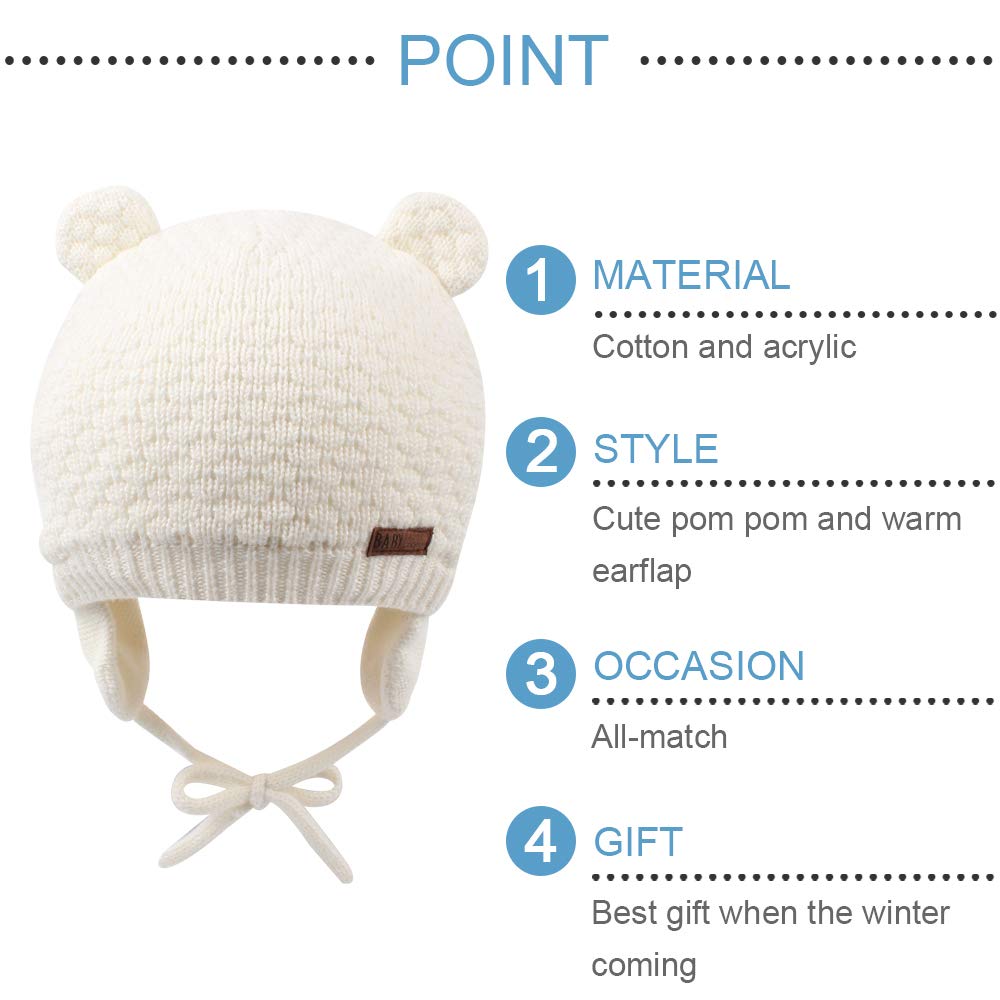 Bavst Baby Beanie Hat For Winter With Earfalp Cute Bear Kids Toddler Girls Boys Warm Knit Cap 0-2Years?White, L