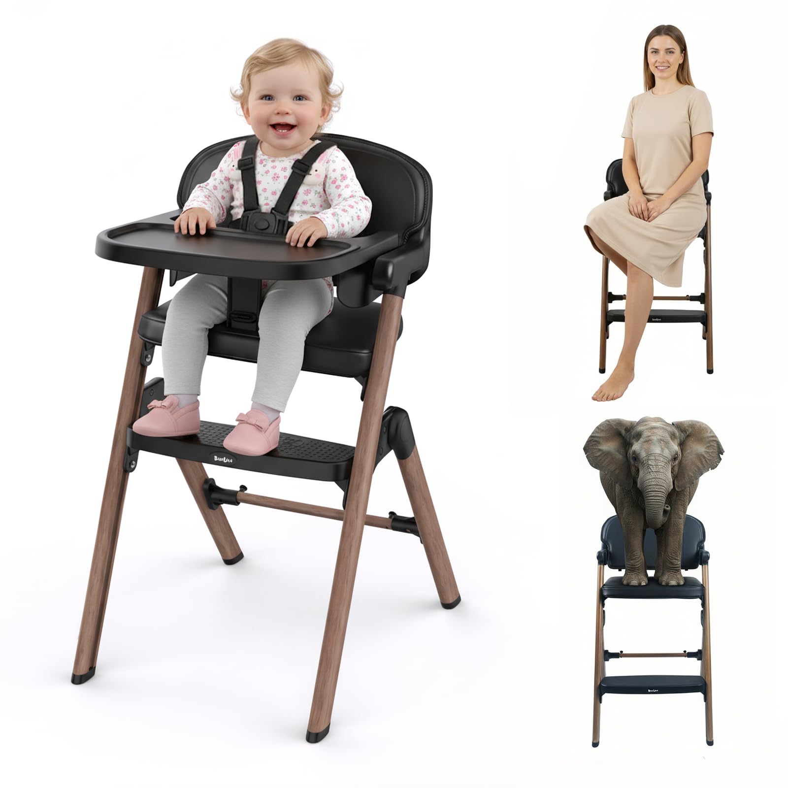 Babilous High Chair, Foldable High Chairs for Babies and Toddlers Ultra Safe for Infant or Adults Up to 150 Lbs, Easy Clean, Rem