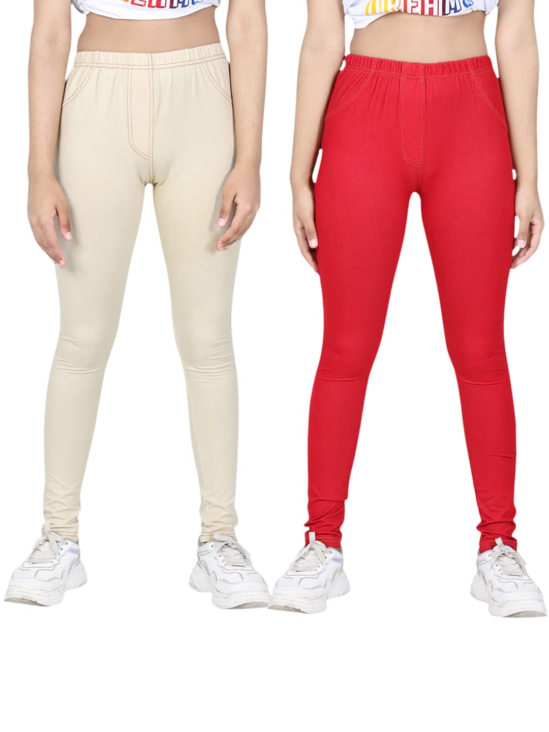 StyleStone Girls Pack of 2 Cotton JeggingsCream & Red