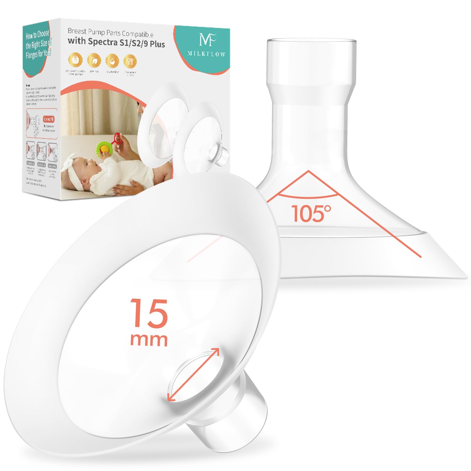 Breast Flanges 15mm 2-Pack for Medela Pump in Style, Symphony, Freestyle, Sonata, Maxflow and Lansinoh Signature Pro Breast Pump