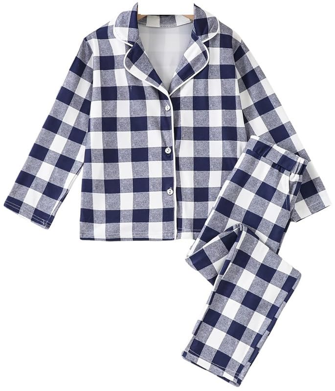 PABROS Girls Cotton Lycra Pajama Set, ButtonDown Long Sleeve Top with Pants, Checkered Pattern, Summer Loungewear Sleepwear Bl