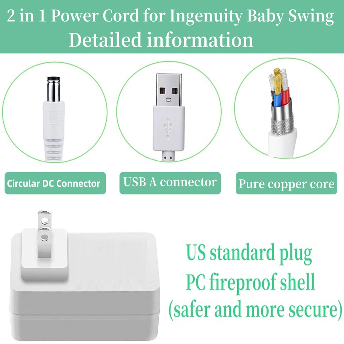 For Ingenuity Baby Swing Power Cord, 2 In 1 Baby Swing Power Adapter Charger Usb A And Dc Plug Compatible With Ingenuity Inlight