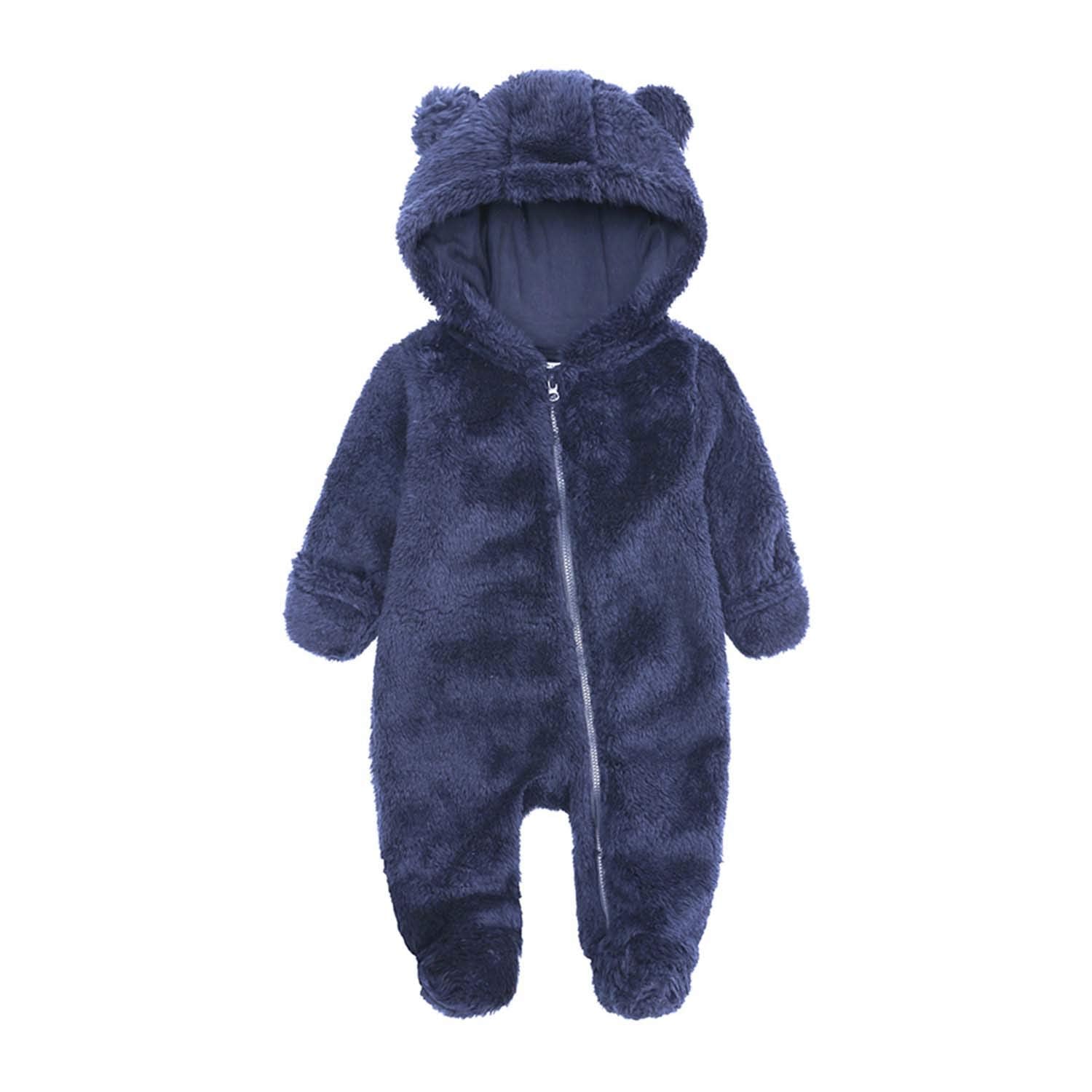 Baby Boy'S Fleece Down Coat 0-12 Months Toddlers Cute Bear Jumpsuits Winter Hooded Rompers With Zipper Navy 3-6M