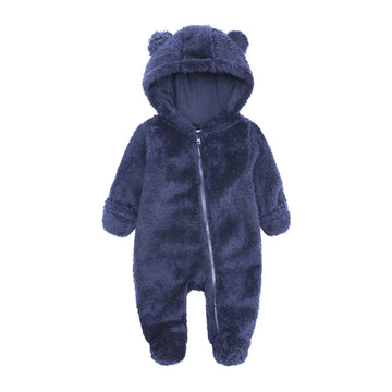 Baby Boy'S Fleece Down Coat 0-12 Months Toddlers Cute Bear Jumpsuits Winter Hooded Rompers With Zipper Navy 3-6M