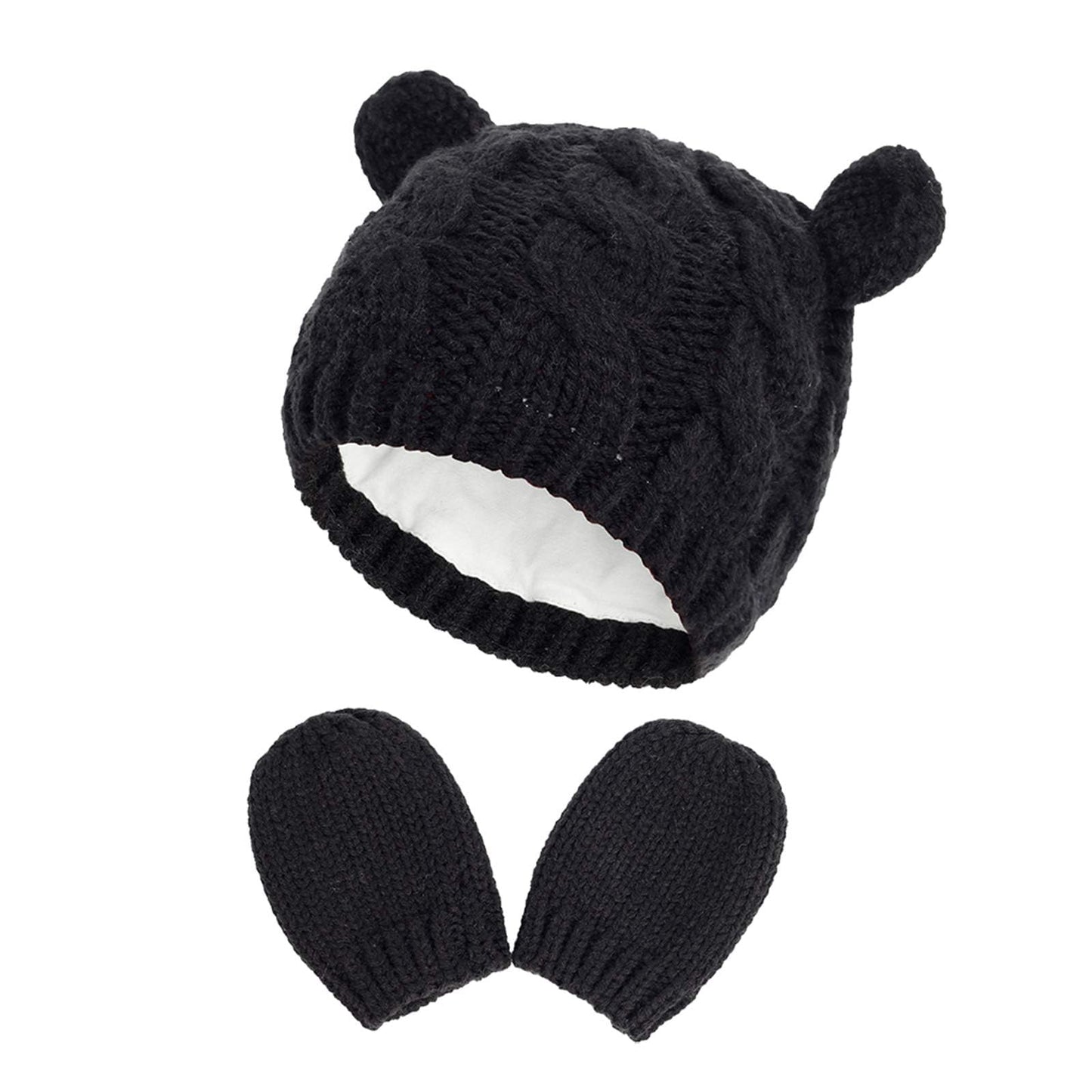 Unisex Baby Toddler Hat And Mitten Set Winter Knitted Thick Warm Beanie Cap Gloves For Infant Boys Girls (Black, M (3-6 Months))