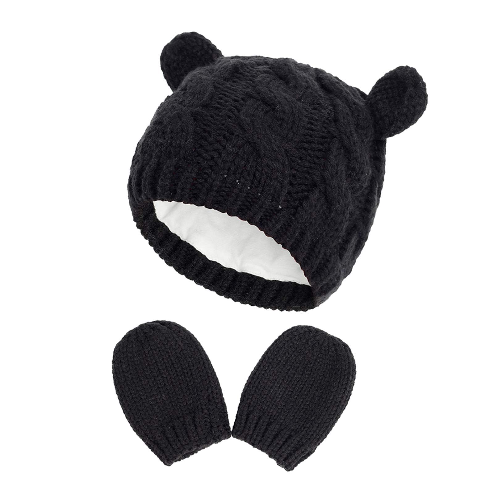 Unisex Baby Toddler Hat And Mitten Set Winter Knitted Thick Warm Beanie Cap Gloves For Infant Boys Girls (Black, M (3-6 Months))